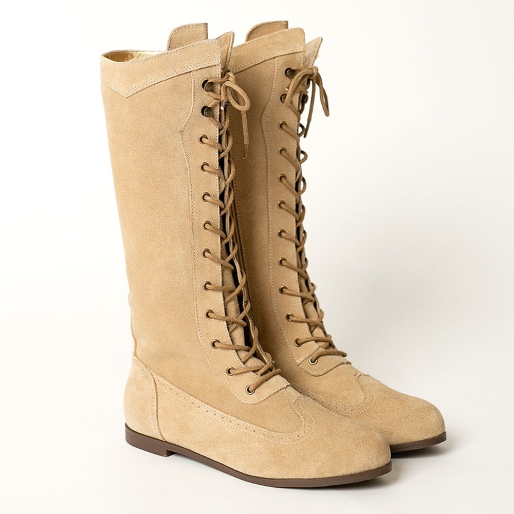 Joyfolie Aelin Knee High Lace Up Zipper Leather Distressed Tan Boots Boots 4